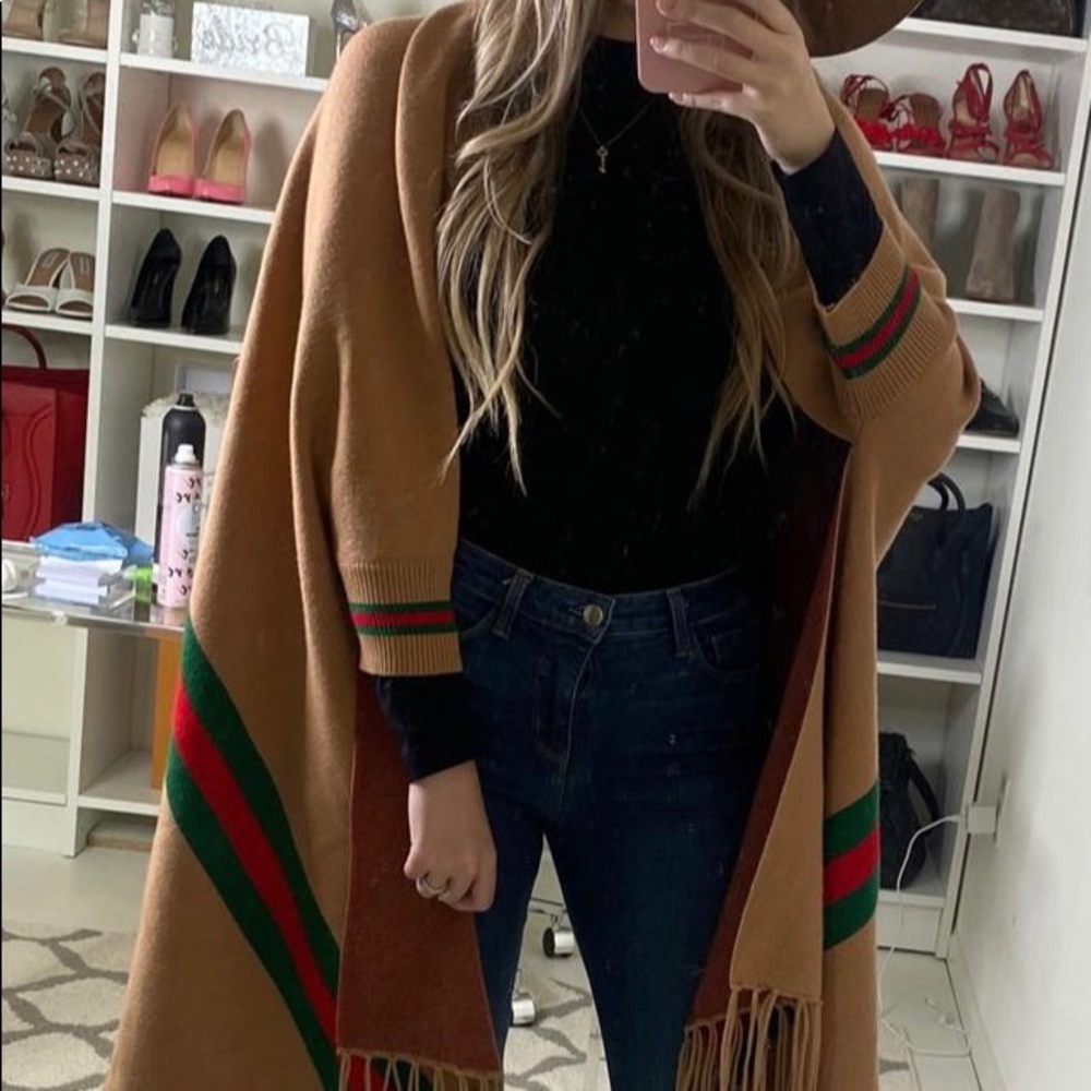 Designer Inspired Taupe Stripe Sleeve Cape Shawl